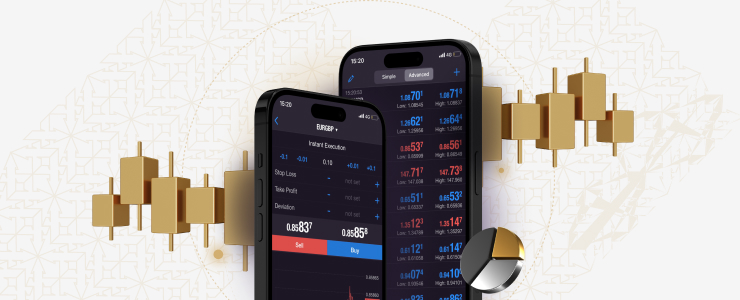 User interface of a binary options trading app featuring market data and trading buttons for quick access.