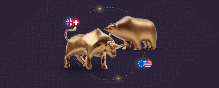 Um touro diante de um urso dourado, simbolizando força no mercado cambial