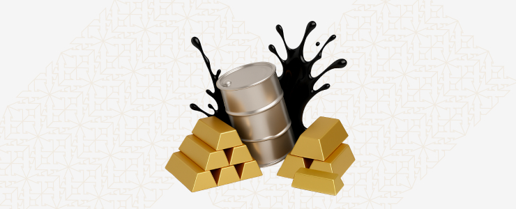 A barrel of oil next to stacked gold bars, representing commodity in trading markets like oil and gold.