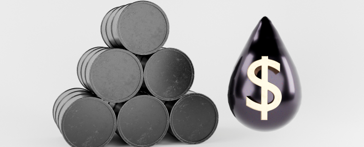 Black oil barrels stacked together, featuring a dollar sign, representing the financial aspect of oil commodities trading.