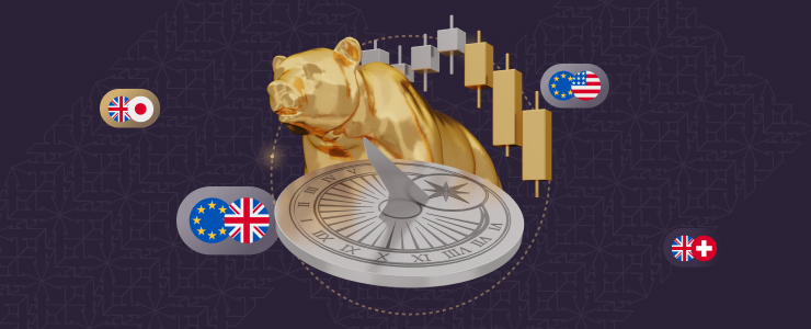 A gold bull with a clock and flag, symbolizing optimal trading times for buying and selling in forex markets.