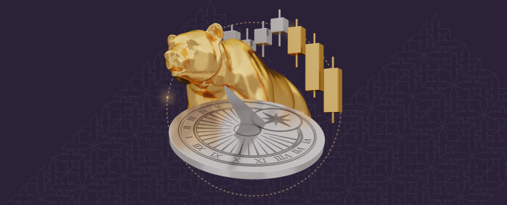 Uma estátua de touro dourado com um relógio posicionado nas costas, simbolizando o tempo e a prosperidade.