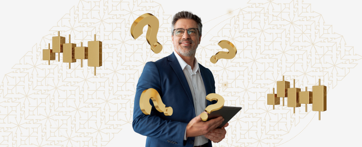 Man displaying question marks on his face, illustrating confusion related to forex market analysis and fundamentals.