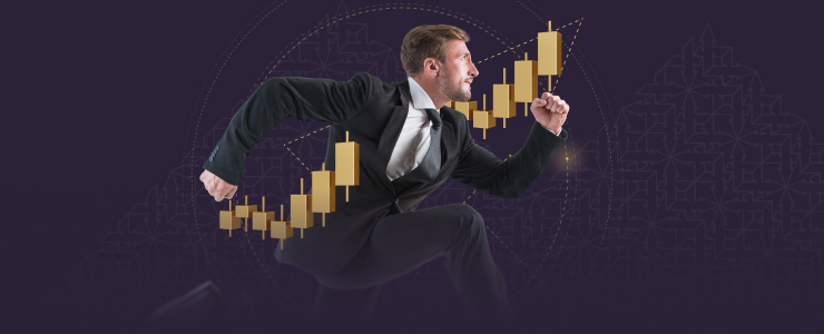 Un homme en costume court énergiquement, tenant un graphique en barres dorées symbolisant le succès dans le trading forex.