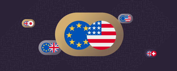 Representação visual da UE e dos EUA como os dois maiores parceiros comerciais, enfatizando o seu papel no comércio forex.