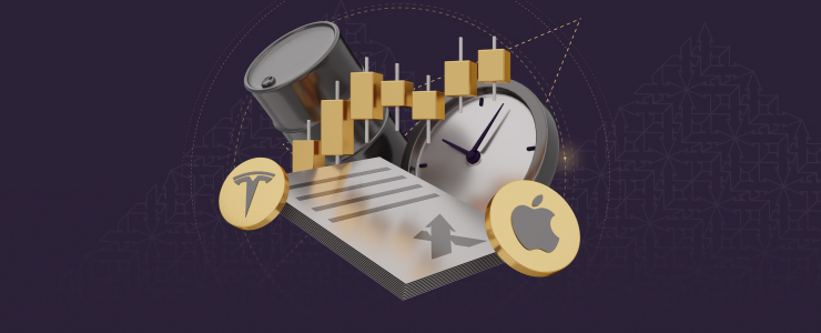 A clock, a book, and a coin displayed on a purple background, representing themes of time and trading in finance.