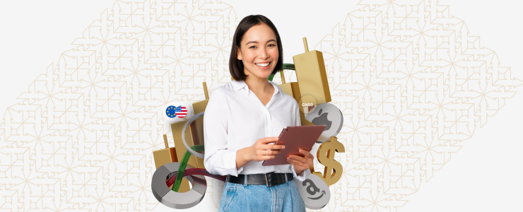 Une femme tenant une tablette est entourée d'icônes représentant les concepts clés du trading sur le marché des changes et les stratégies pour réussir.