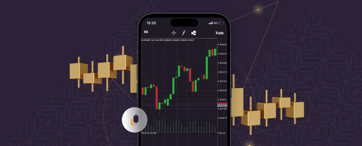 Mobile phone displaying a forex candlestick chart on the MetaTrader 4 platform, surrounded by 3D golden candlestick chart elements on a dark patterned background.