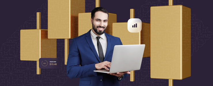 Um homem de fato está a segurar um computador portátil, envolvido em gestão de risco e dicas sobre o mercado cambial, com gráficos visíveis no dispositivo.