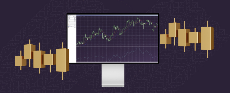Um monitor de computador exibindo gráficos financeiros com padrões de velas num fundo escuro, representando a análise financeira do mercado.
