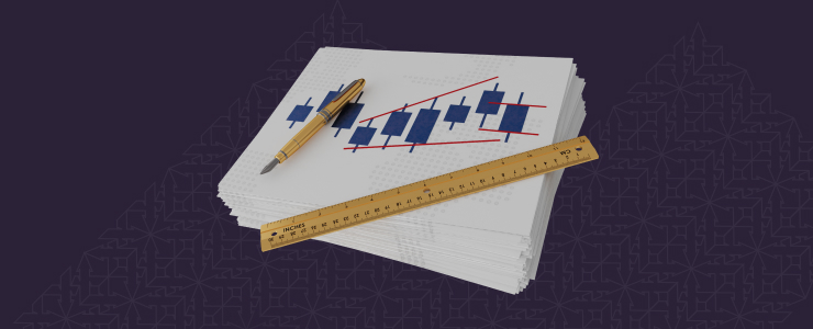 Ein Stapel Papier mit Finanzdiagrammen und Grafiken, auf dem ein Stift und ein Lineal liegen, vor einem dunklen Hintergrund.