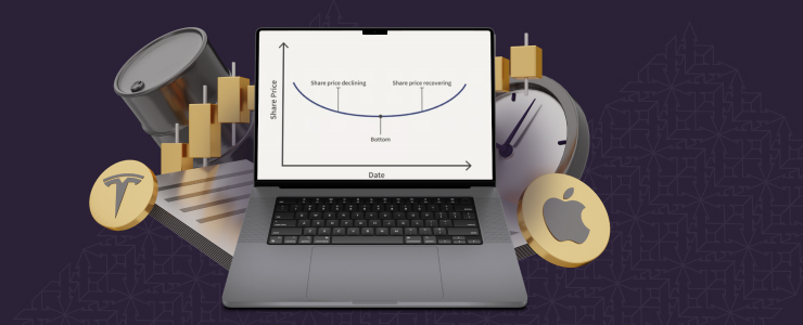 Um computador portátil com um gráfico relacionado com padrões de negociação e um relógio, enfatizando o papel do tempo nas decisões de negociação.