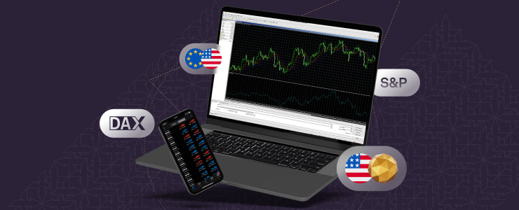كمبيوتر محمول يعرض رسوم بيانية لتحليل السوق لـ DAX و S&P، إلى جانب هاتف ذكي يعرض بيانات التداول الأساسية، على خلفية داكنة.