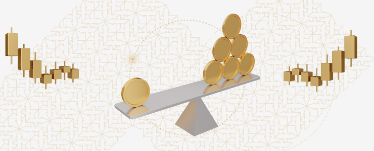 Gold coins on a balance scale, with arrows indicating fluctuations in commodity value.
