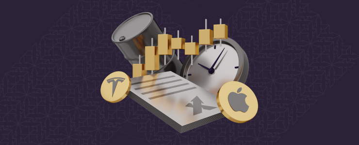 A clock, oil barrel, and candlestick graph symbolize market dynamics. Tesla and Apple logos on coins suggest stock trading, with a modern, forex analytical tone.