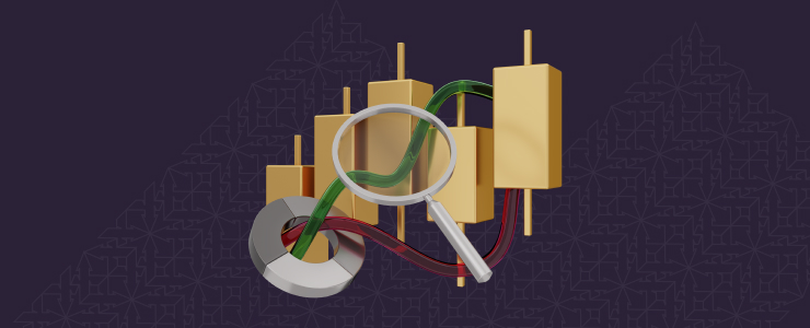 A 3D magnifying glass hovers over yellow candlestick charts with intertwining green and red lines on a dark patterned background, suggesting forex financial analysis.