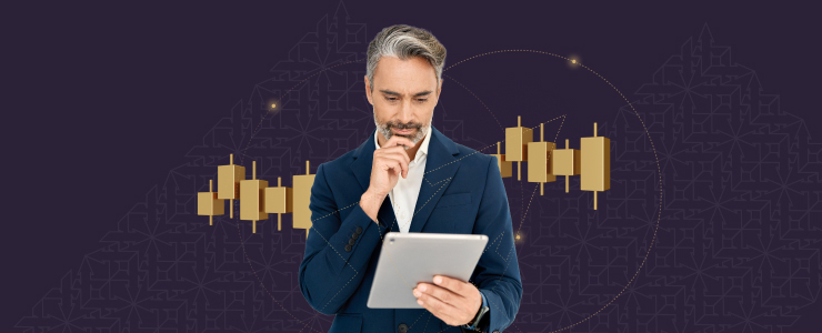 A man in a suit holds a tablet and looks at it thoughtfully, embodying the focus of a seasoned trader, with financial candlestick charts in the background, hinting at forex news and strategies.