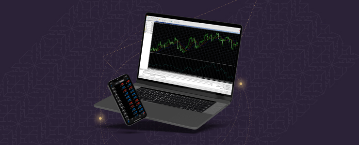 A laptop displaying a forex trading Metatrader 4 platform with charts and currency pairs on the screen.