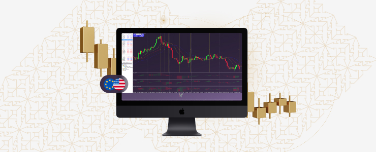 A computer screen displays a forex trading chart in Metatrader 4 platform with candlestick patterns. An American flag icon is shown, suggesting U.S. market data. The background has an abstract geometric design.