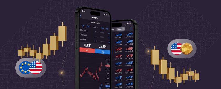 Forex trading app interface for Android, featuring MetaTrader 4 with charts and trading options displayed.