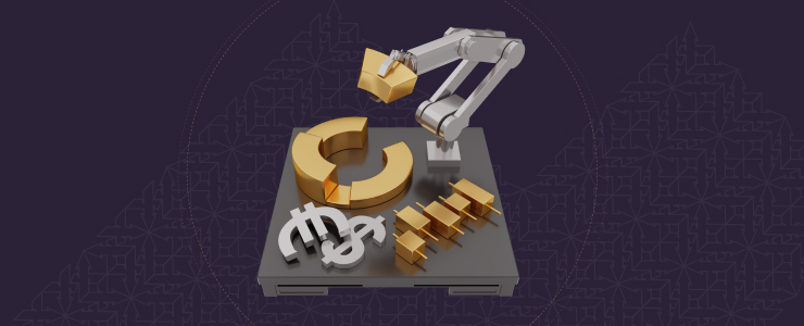 A robot is positioned at a table, grasping a gold coin with its mechanical hand with dollar and euro currency in Metatrader 4 (mt4)

