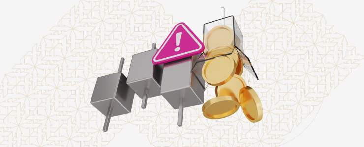 3D bar chart with a pink warning sign and an exclamation mark on top. stock trading, Gold coins are falling beside the stock chart, set against a patterned background.