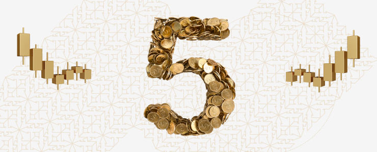 Gold number five featuring a smaller number, representing 5 key features for trader to choose the best online trading platforms.