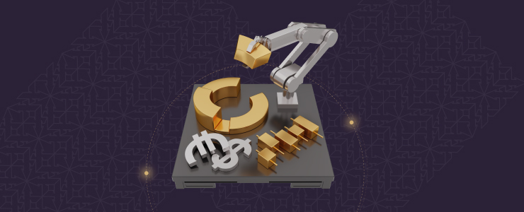 A robot holds a gold coin on a table, symbolizing indices trading and the value of gold in the euro-dollar market.