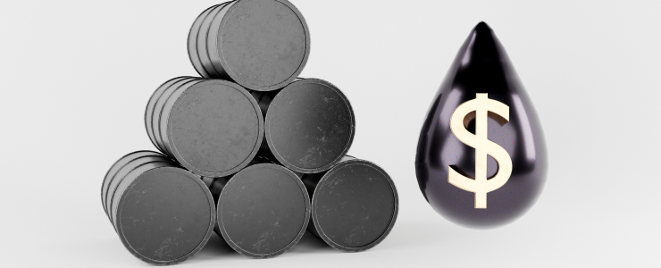A stack of black oil barrels next to a large black oil drop with a gold dollar sign on it, set against a plain background.