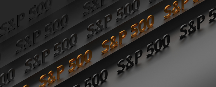 A cluster of gold and black dollar signs symbolizing investment analysis related to the S&P 500 stock index.