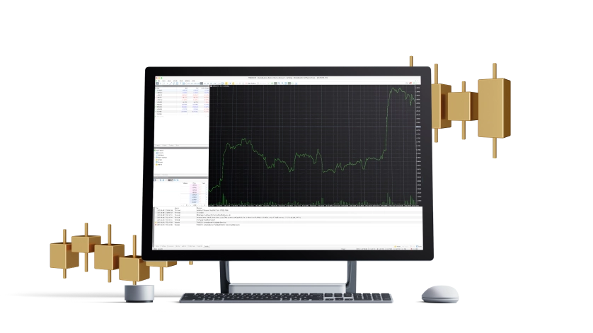 A computer monitor displays a financial chart with green lines and candlestick graphs, indicating stock market trends and data.