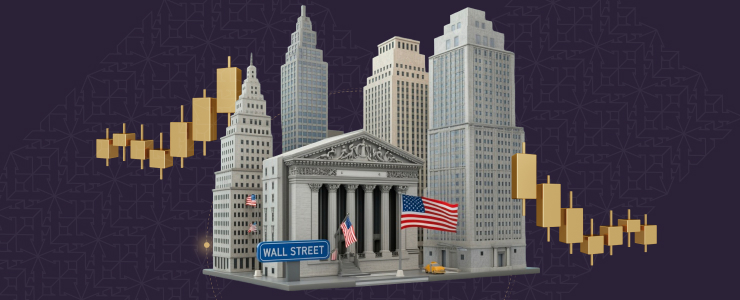 Illustration of Wall Street featuring iconic skyscrapers and a stock chart, highlighting global trading indices with a "Wall Street" sign and American flags.