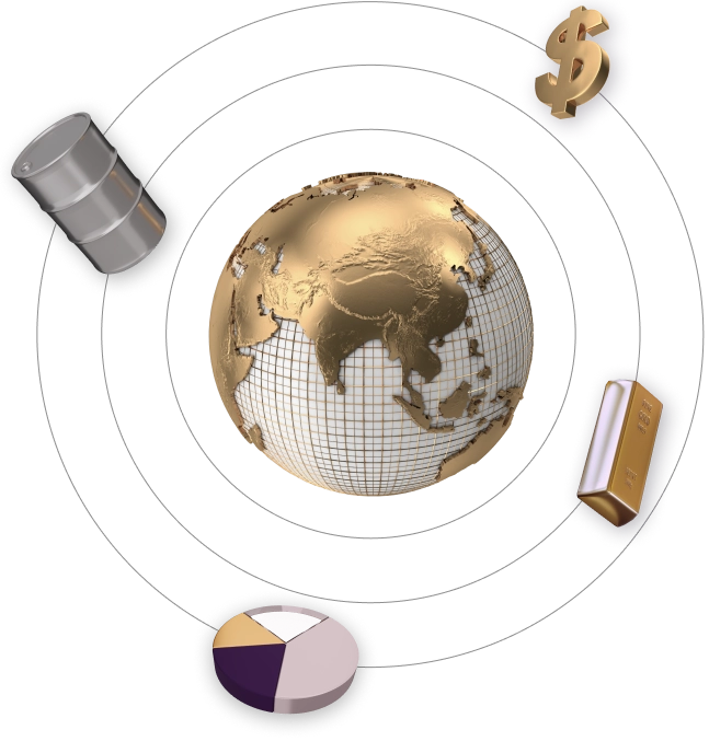 Golden globe with oil, gold, and dollar symbols symbolizing global finance for brokers.