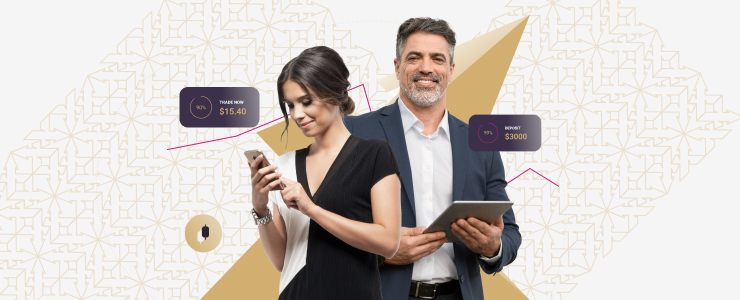 Businesswoman and businessman reviewing financial data icons showing Stocks vs. Forex trends.