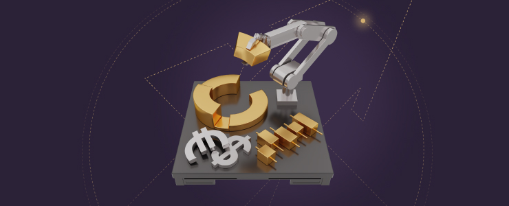 A robot holds a gold coin on a table, symbolizing advancements in stock trading technology.