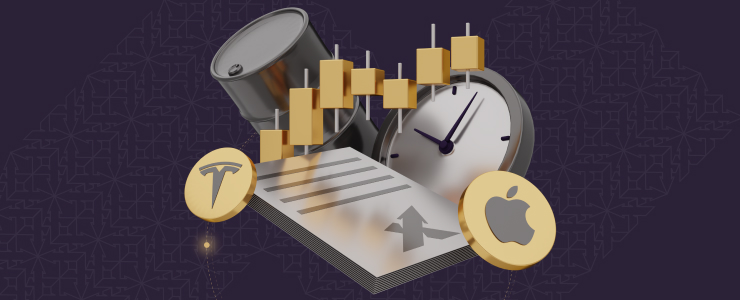 Abstract financial collage featuring a black oil barrel, clock, candlestick chart, and paper with an upward arrow, surrounded by Tesla and Apple logos, highlighting trading-indices.