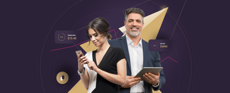 A man and woman stand against a dark geometric background. The woman checks her phone, while the man smiles, holding a tablet. Icons show $15.40 and $3000, conveying a financial theme with a focus on trading indices.