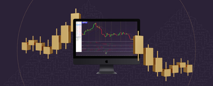 A computer monitor displays a candlestick stock chart with trading indicators, with large 3D bars extending from both sides of the screen against a dark background, conveying the emotional thrill of indices trading.