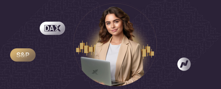A woman with wavy brown hair in a beige blazer uses a laptop. Surrounding her are stock market symbols, including DAX, S&P, and Nasdaq, with candlestick chart graphics on a dark patterned background, capturing the Emotional Thrill of Indices Trading.