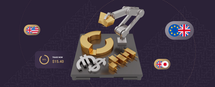 How Forex trading works illustrated with currency symbols, robotic trading arm, and forex pair icons representing Forex trading basics for beginners