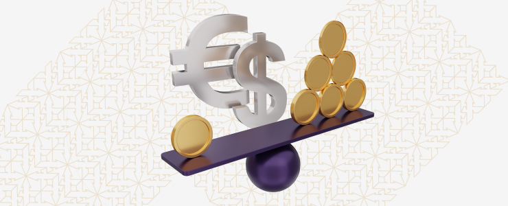 Symbols of the euro and dollar balance on a purple seesaw against a backdrop of gold coins. The background has a subtle geometric pattern.