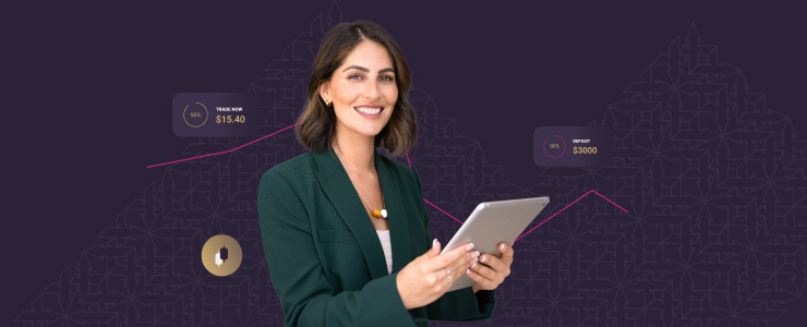 Smiling woman in a green blazer holds a tablet, with financial trade and deposit data in the background, illustrating how technical indicators work in forex trading.