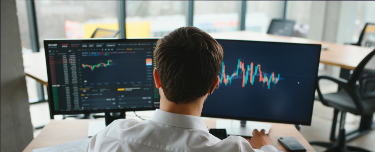 Person viewed from behind looking at two computer monitors displaying financial trading charts, analyzing markets and applying risk management in forex.
