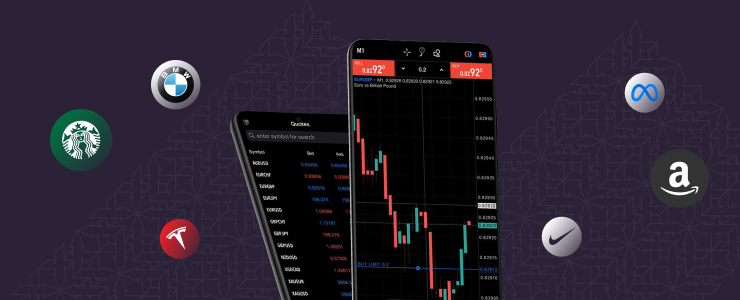 Two mobile screens show stock market data and a candlestick chart on a dark background. Logos of major companies like BMW, Starbucks, and Tesla surround them.