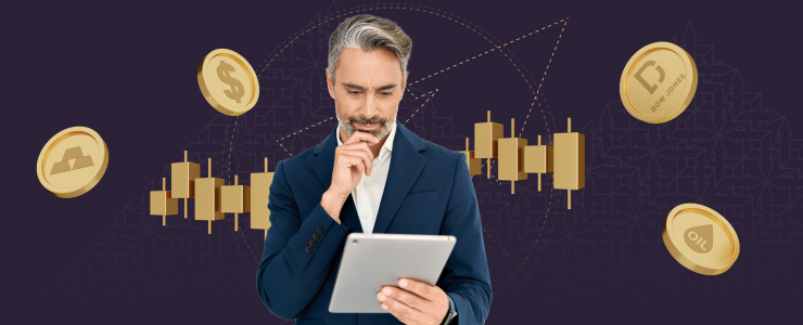 A man thoughtfully analyzes a tablet with candlestick charts, surrounded by gold, dollar, Dow Jones, and oil symbols while learning how to open a forex trading account.