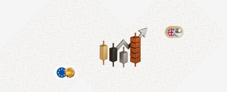 Illustration featuring a rising candlestick chart and upward arrow with EU and UK flag icons, representing economic growth and risk management in forex.