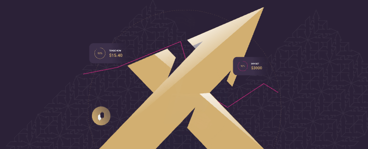 Illustration depicting financial growth with a golden upward arrow and cards showing 'TRADE NOW $15.40' and 'DEPOSIT $3000'