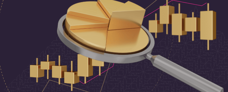 A magnifying glass over golden pie and candlestick charts, symbolizing how technical indicators work in forex trading and data analysis.