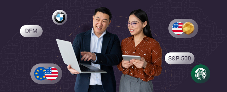 Two people review information on a laptop and tablet, surrounded by icons for BMW, S&P 500, DFM, and US/EU flags, comparing a demo vs live forex account.