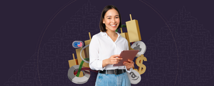 A smiling young woman holds a tablet, surrounded by floating financial symbols like gold bars, a dollar sign, Apple and Amazon logos, and US and EU flags, while exploring a demo vs live forex account.